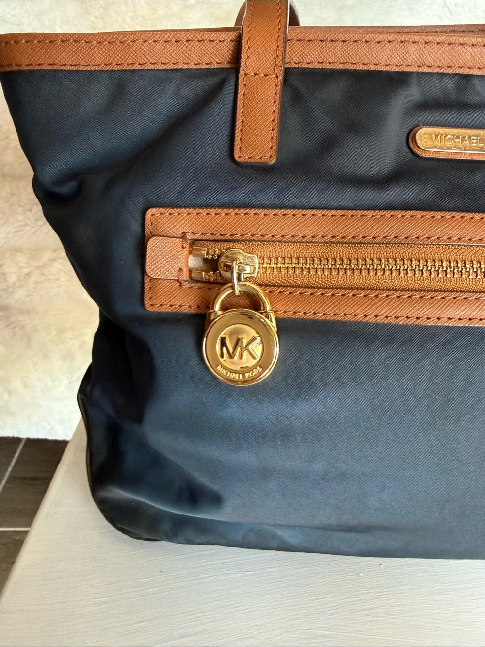Michael Kors Navy Tote with Brown Leather Trim and Gold Hardware